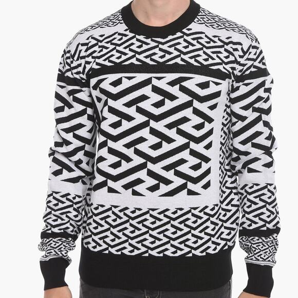 Versace El Greco Black White Jacquard Crew Neck Men's Pullover Sweater Size 48/M - Picture 1 of 7